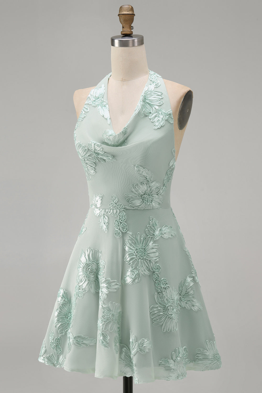 A-Line Yellow Halter Backless Short Cocktail Dress with Floral Embroidery