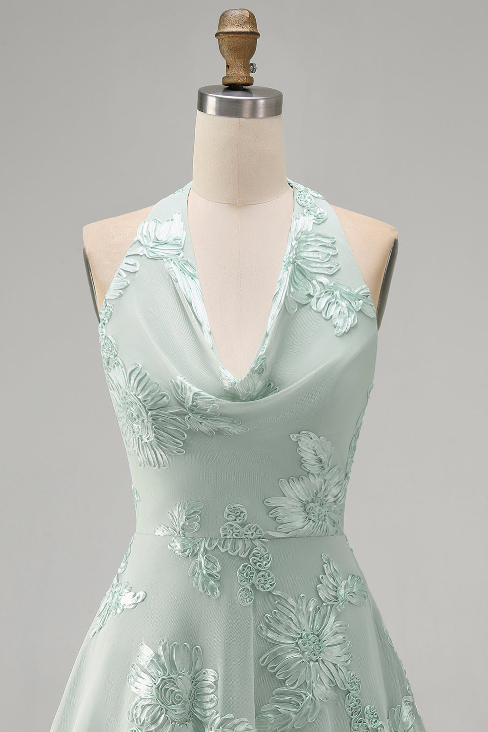 A-Line Yellow Halter Backless Short Cocktail Dress with Floral Embroidery