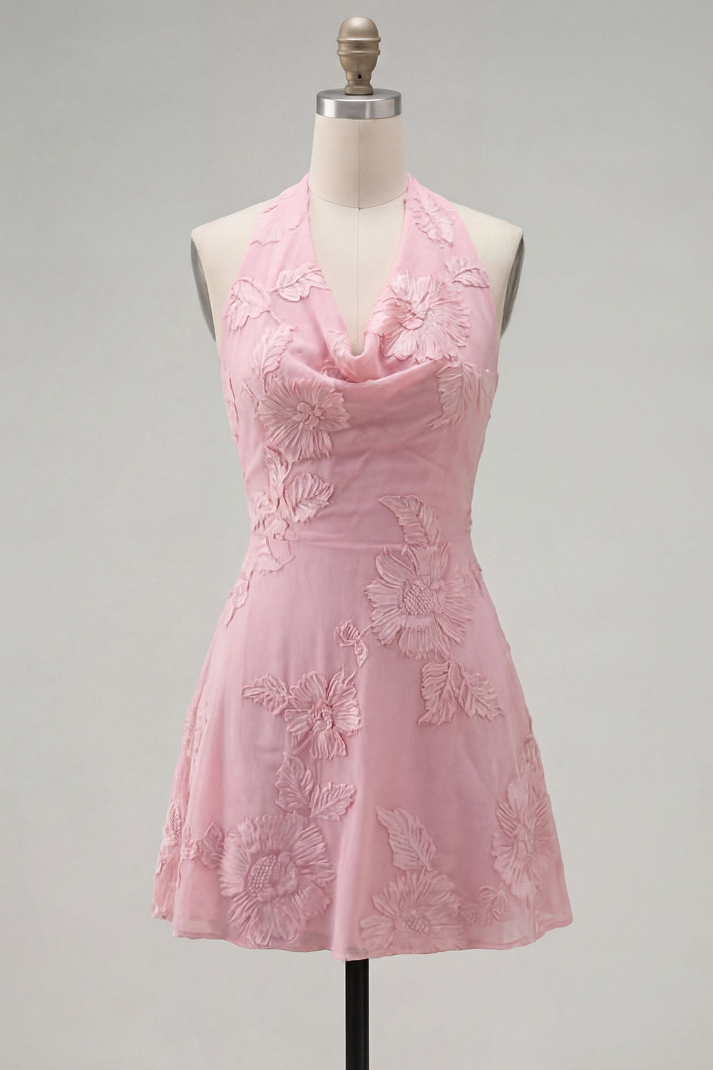 A-Line Yellow Halter Backless Short Cocktail Dress with Floral Embroidery