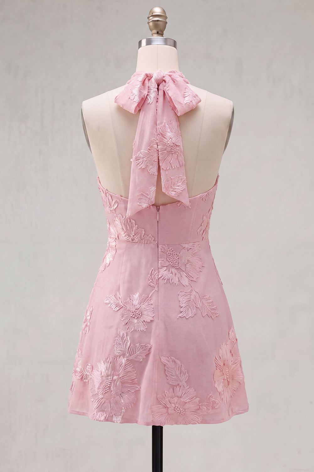 A-Line Yellow Halter Backless Short Cocktail Dress with Floral Embroidery