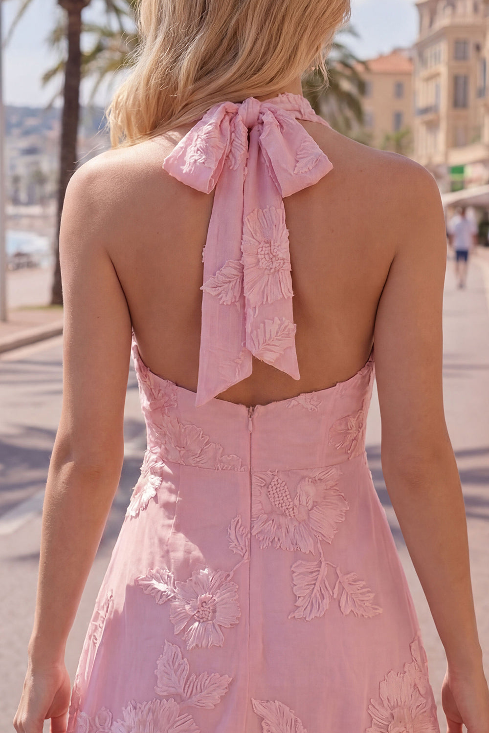 A-Line Yellow Halter Backless Short Cocktail Dress with Floral Embroidery