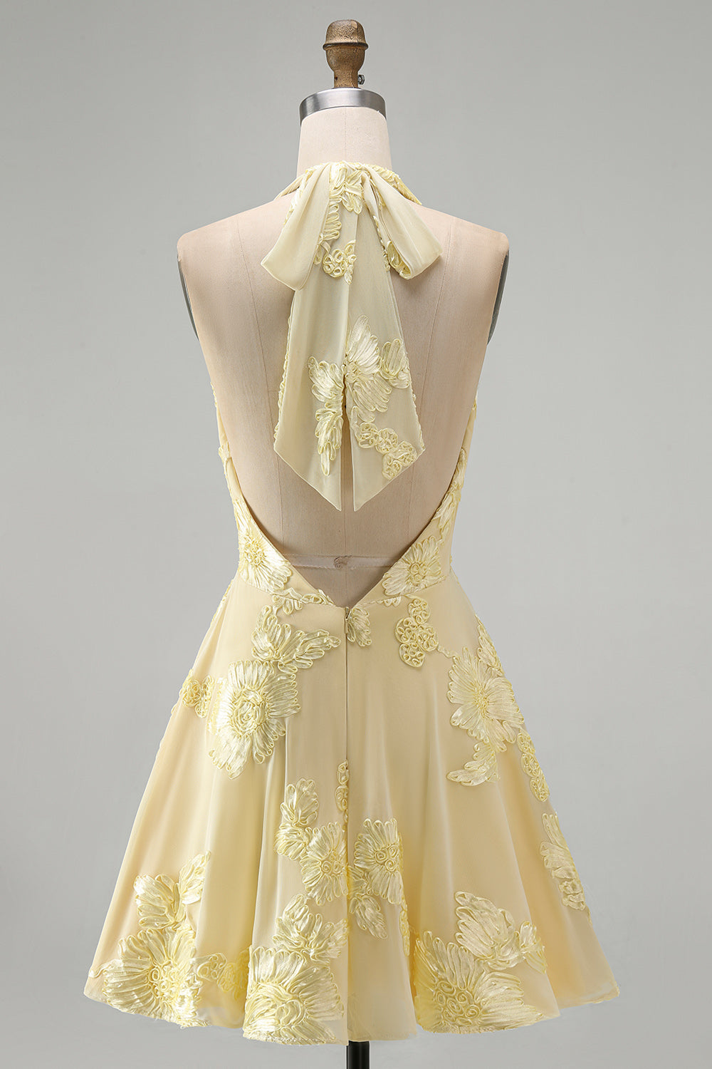 A-Line Yellow Halter Backless Short Cocktail Dress with Floral Embroidery