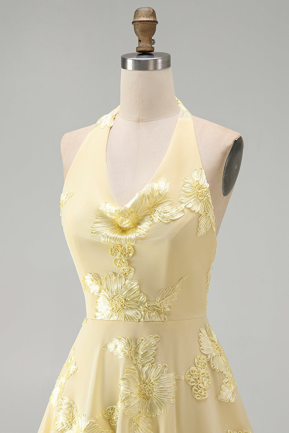 A-Line Yellow Halter Backless Short Cocktail Dress with Floral Embroidery