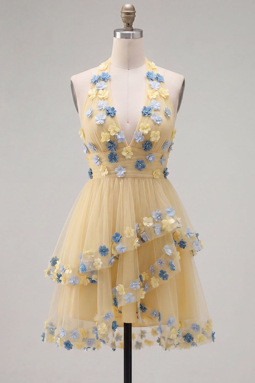 Apricot Halter Neck A-Line Tiered Ruffled Short Homecoming Dress with 3D Flowers