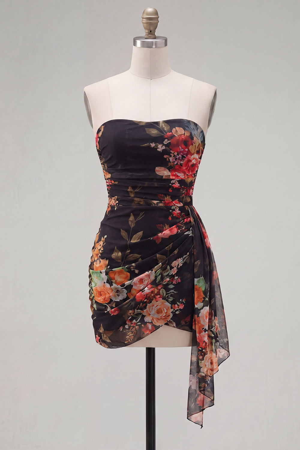 Black Red Flower Sweetheart Ruched Floral Tight Short Homecoming Dress with Sash