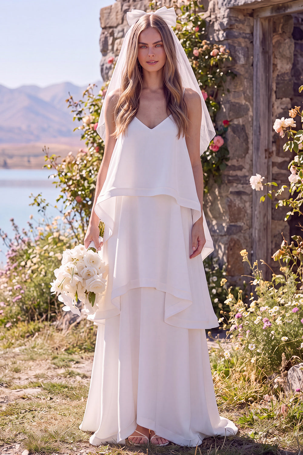 White V-Neck Tiered Sleeveless Maxi Elopement Wedding Dress