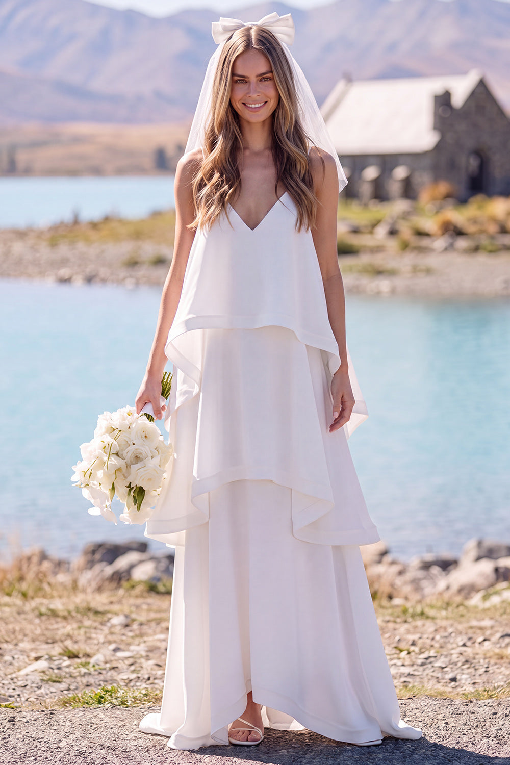 White V-Neck Tiered Sleeveless Maxi Elopement Wedding Dress