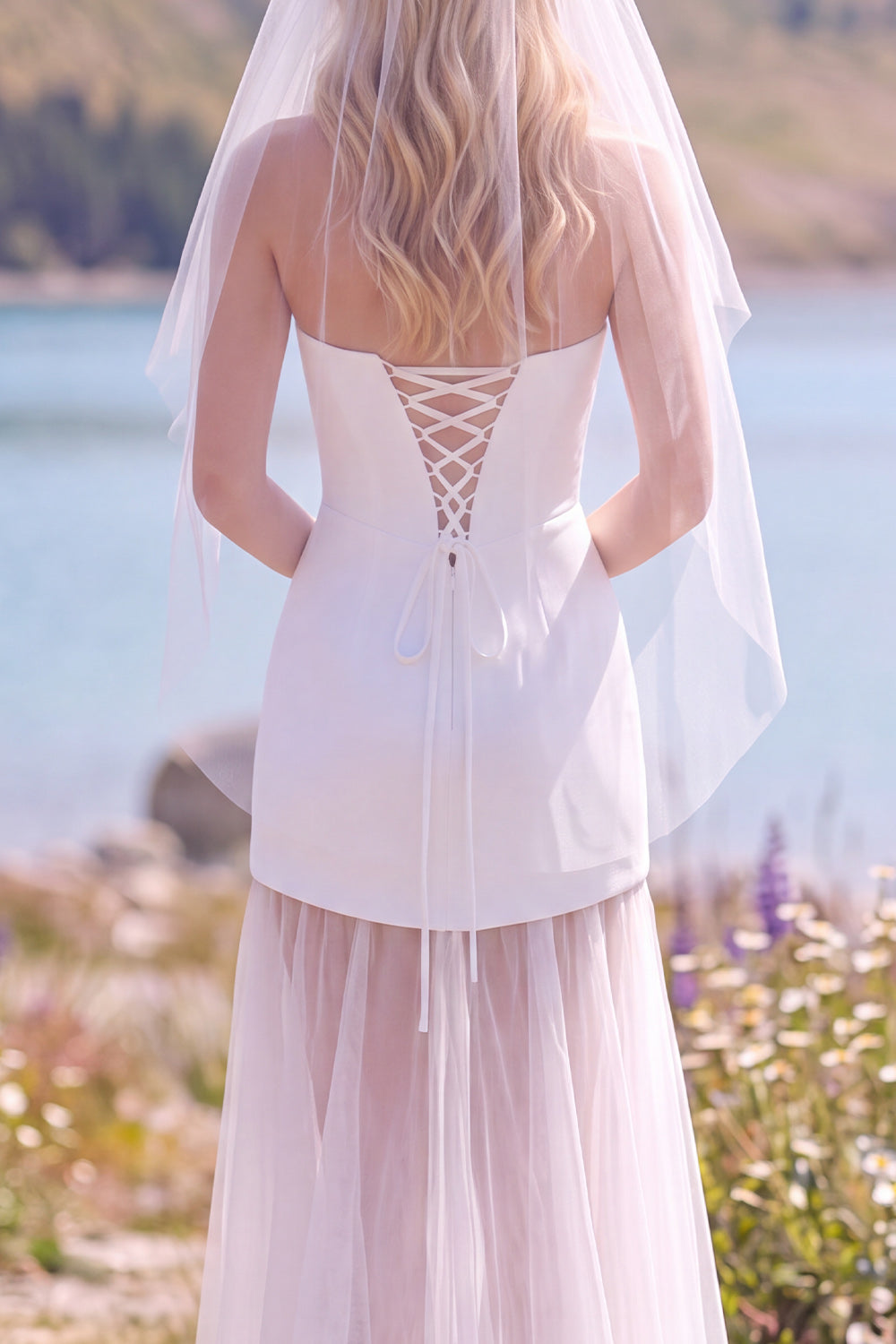 White Sheath Strapless Tulle Maxi Elopement Wedding Dress