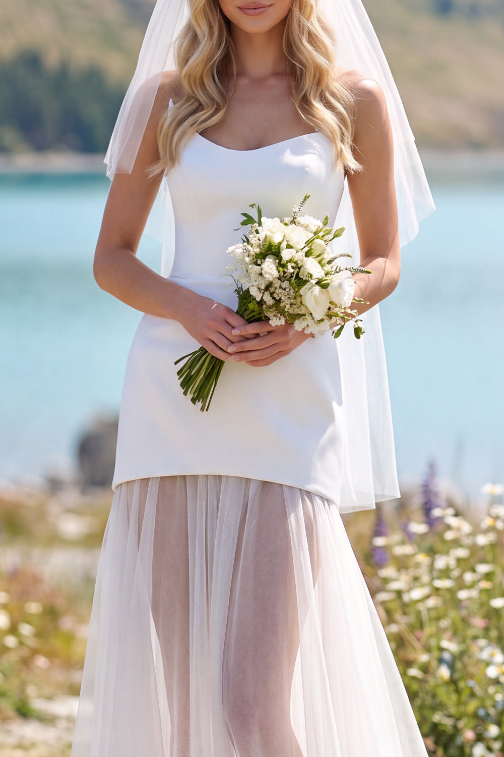 White Sheath Strapless Tulle Maxi Elopement Wedding Dress