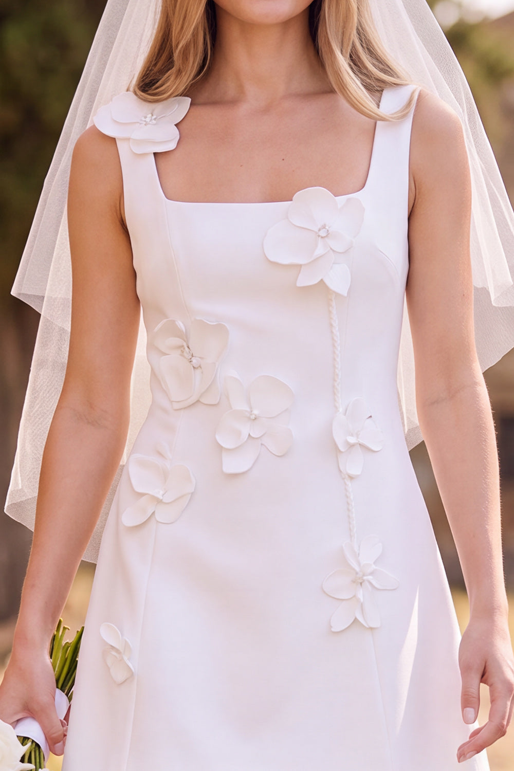 White A-Line Square Neck Sleeveless Mini Elopement Wedding Dress with 3D Flower