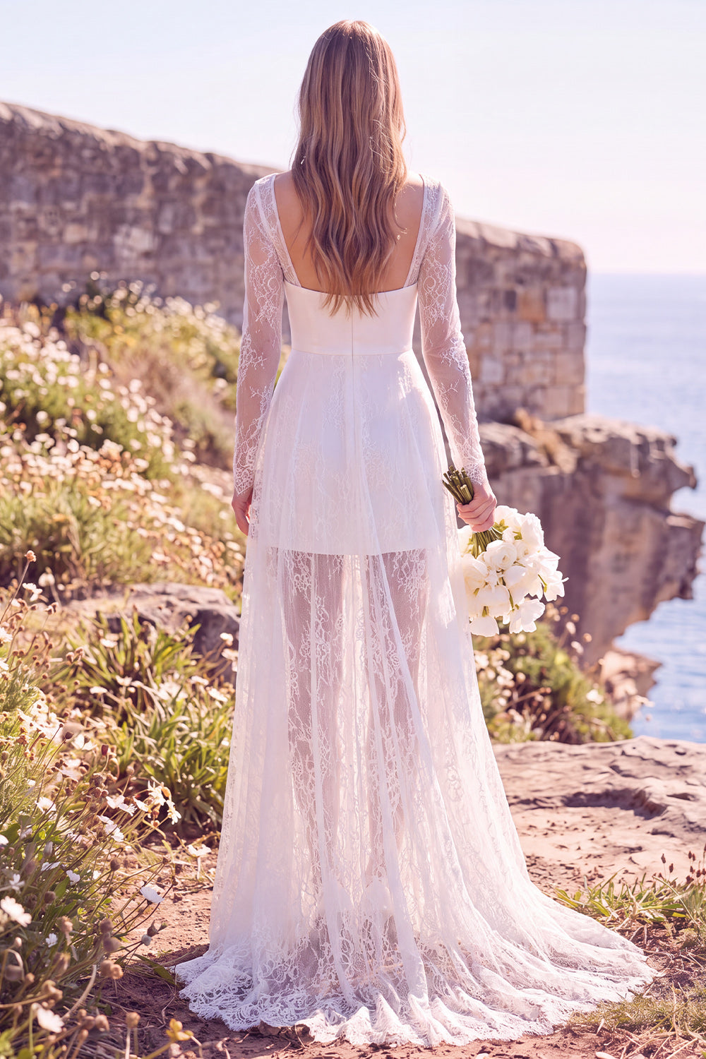 White Square Neck Long Sleeves Maxi Elopement Wedding Dress with Lace