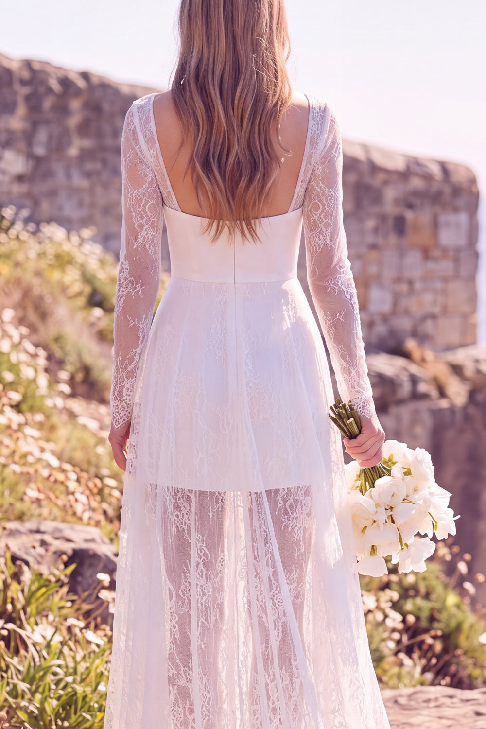 White Square Neck Long Sleeves Maxi Elopement Wedding Dress with Lace