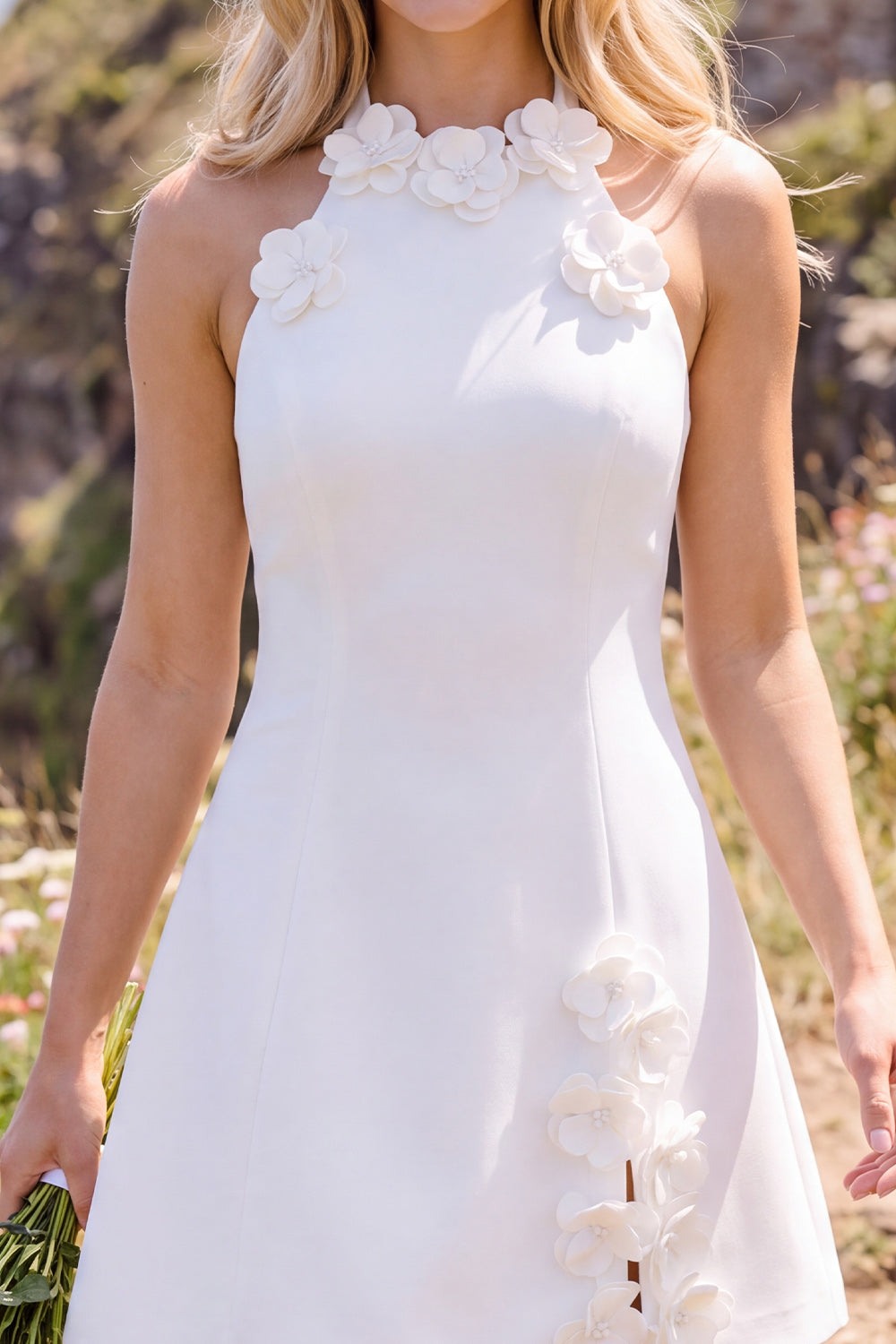 White A-Line High Neck Short Elopement Wedding Dress with 3D Flower