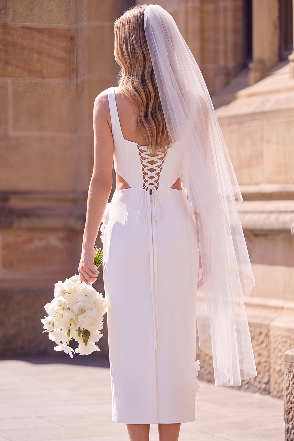 White Sheath Square Neck Cut Out Maxi Elopement Wedding Dress with 3D Flower