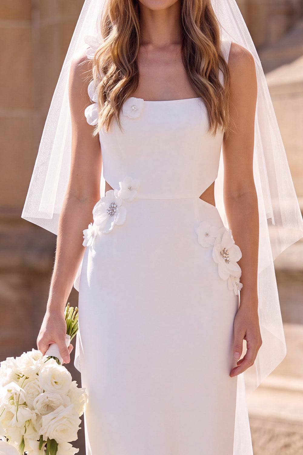 White Sheath Square Neck Cut Out Maxi Elopement Wedding Dress with 3D Flower
