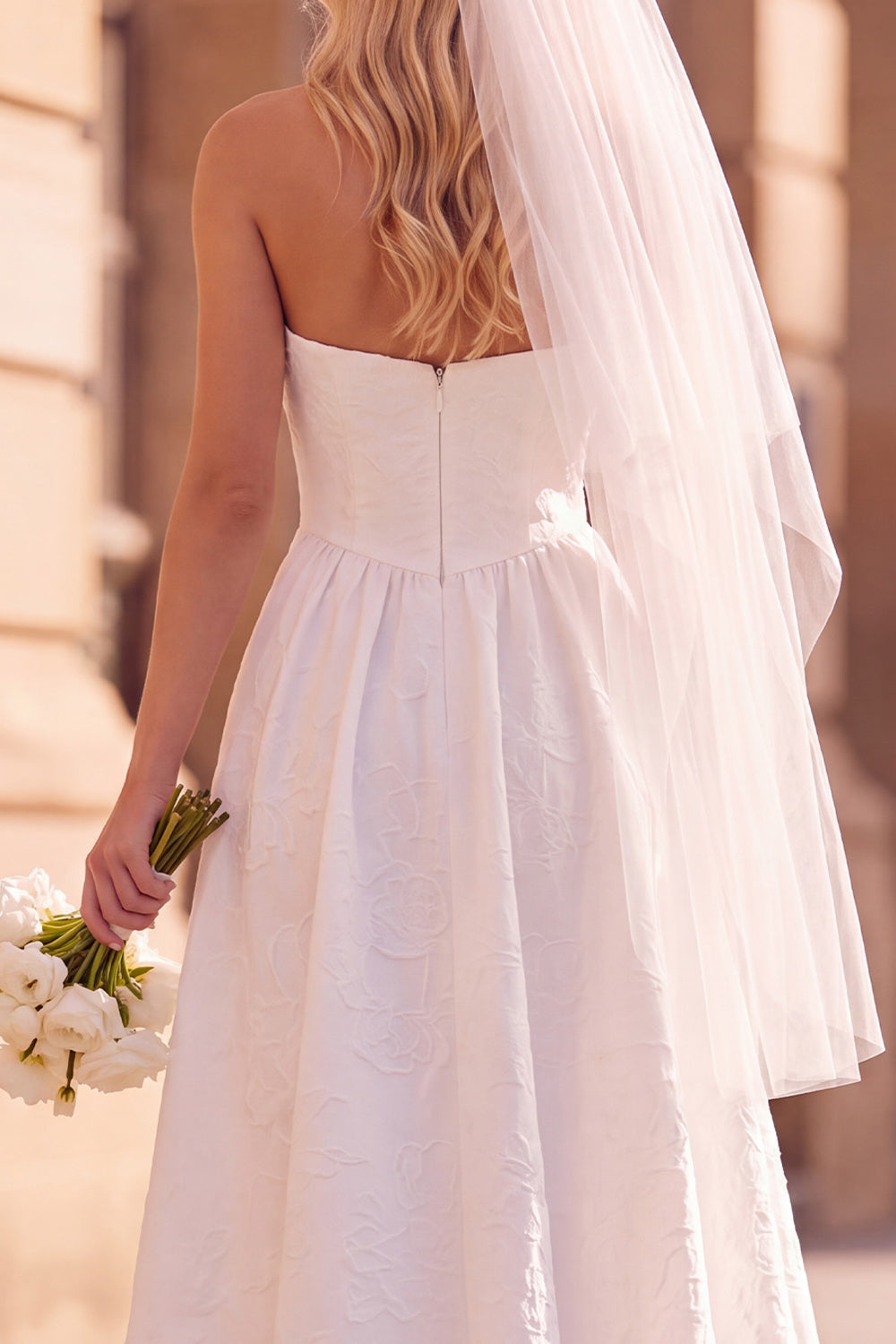 White A-Line Strapless Pleated Tea-Length Elopement Wedding Dress