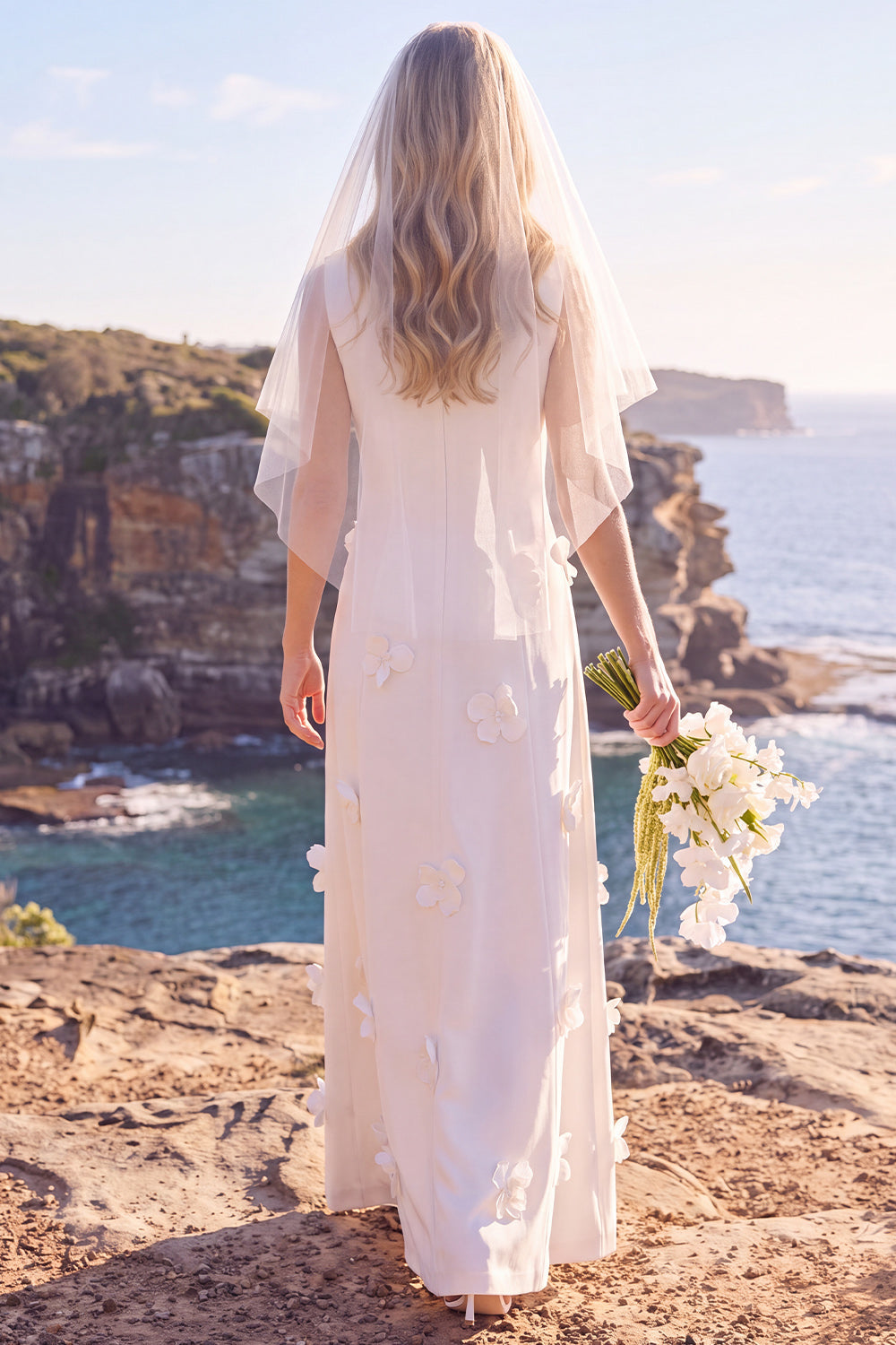 White Sheath Round Neck Appliqued Maxi Elopement Wedding Dress