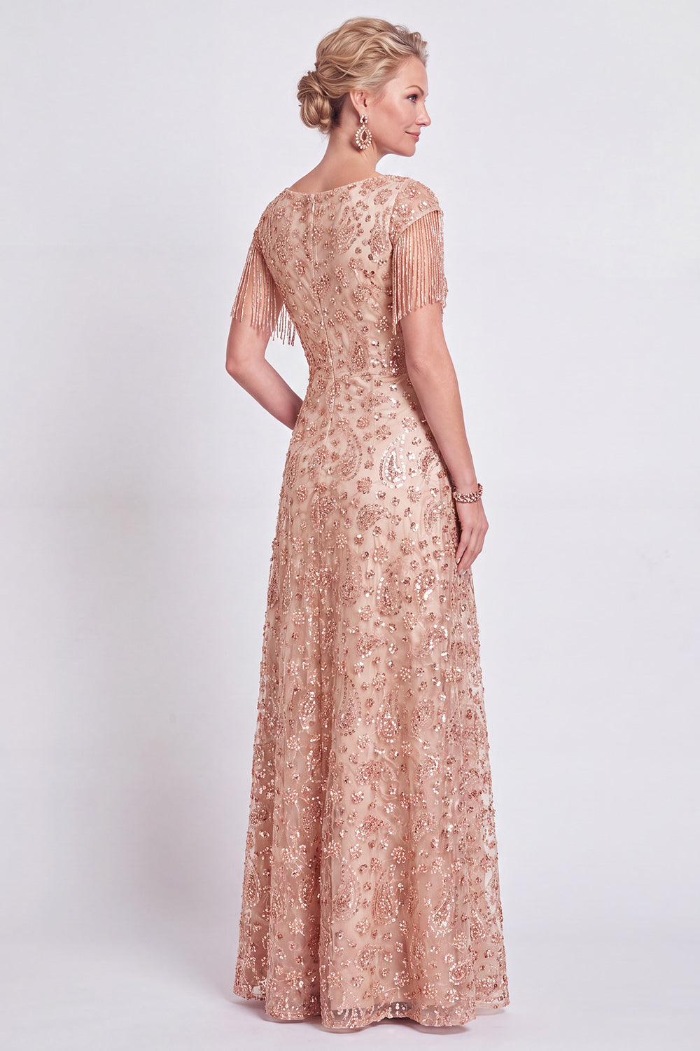 Dusty Rose A-Line V-Neck Beaded Mother Of the Bride Dress with Fringes