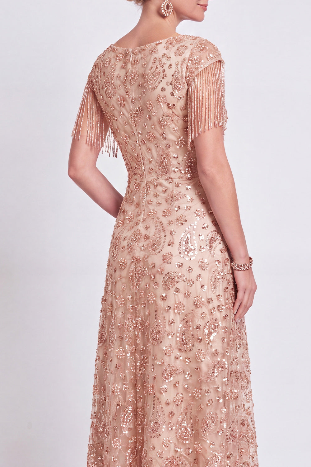 Dusty Rose A-Line V-Neck Beaded Mother Of the Bride Dress with Fringes