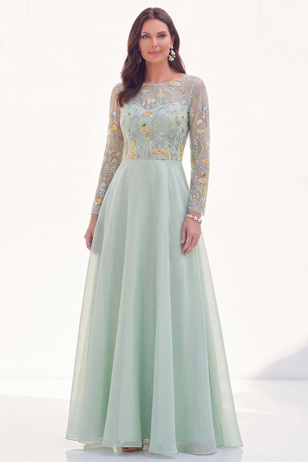 Chiffon Green A-Line Bateau Neck Floral Mother Of the Bride Dress with Long Sleeves