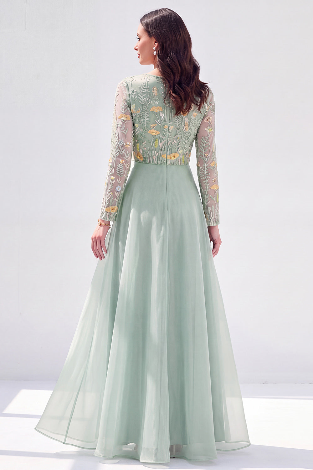 Chiffon Green A-Line Bateau Neck Floral Mother Of the Bride Dress with Long Sleeves