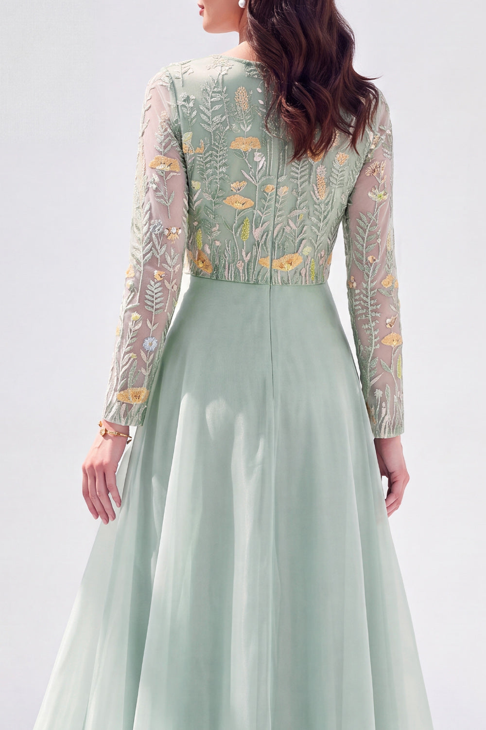 Chiffon Green A-Line Bateau Neck Floral Mother Of the Bride Dress with Long Sleeves