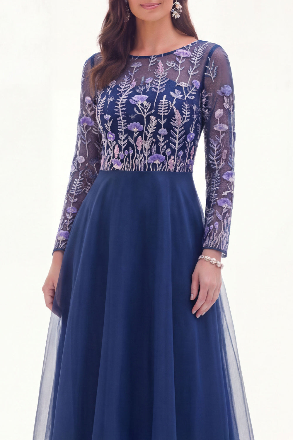 Chiffon Green A-Line Bateau Neck Floral Mother Of the Bride Dress with Long Sleeves