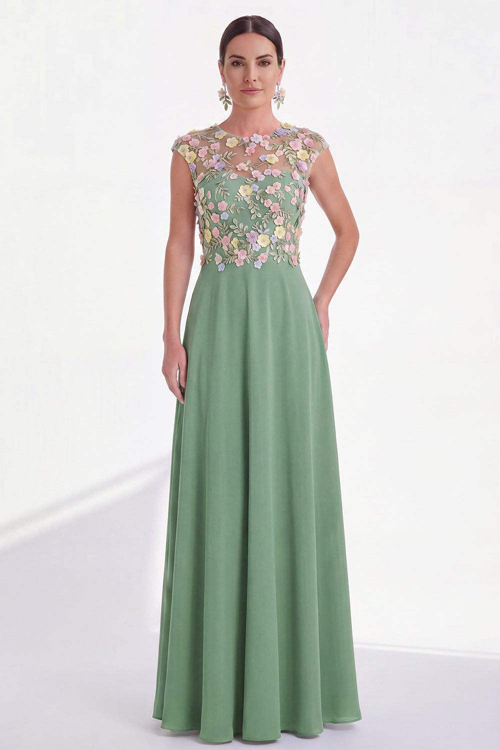 Green Floral A-Line Round Neck Appliqued Long Mother of the Bride Dress with Cap Sleeves