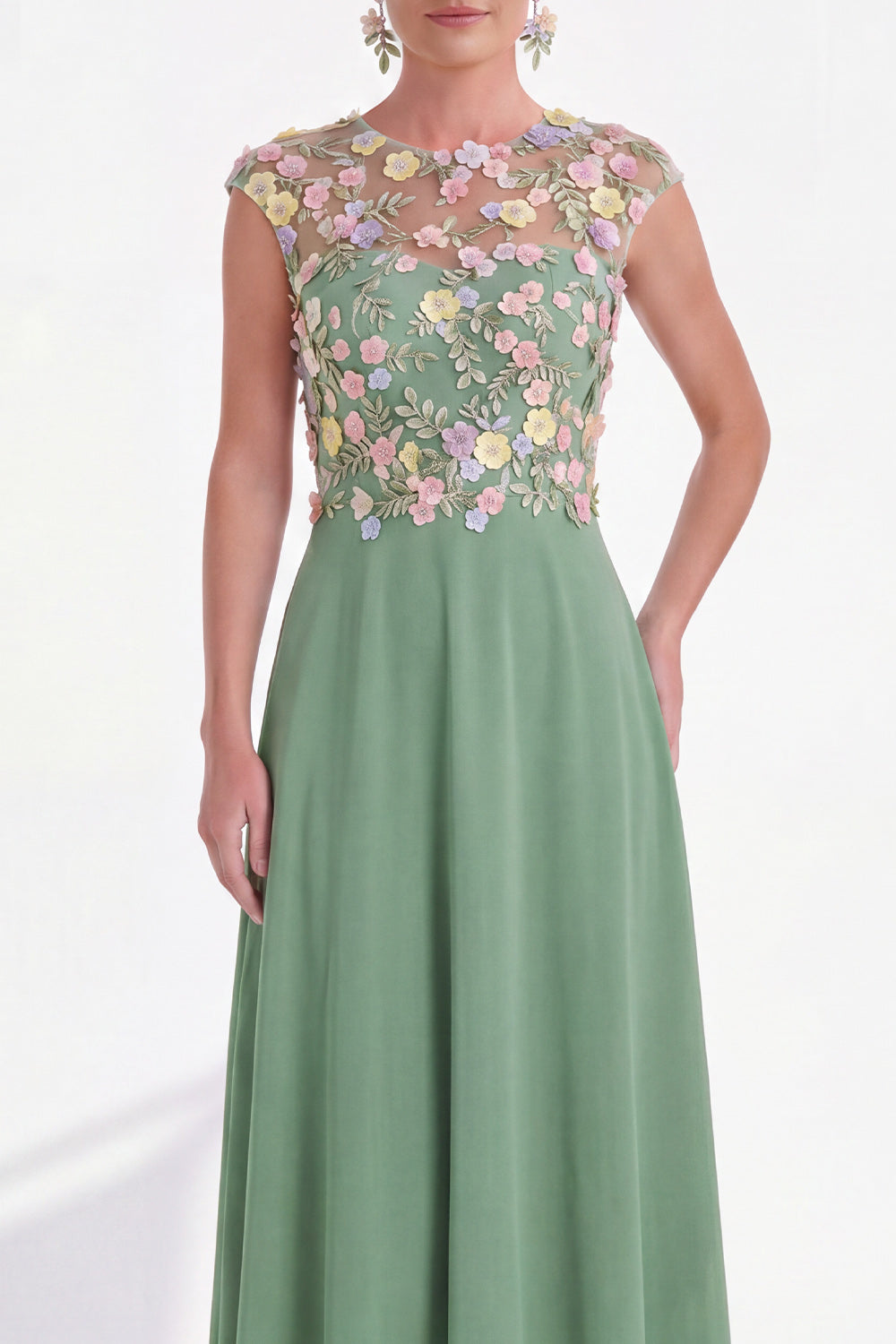 Green Floral A-Line Round Neck Appliqued Long Mother of the Bride Dress with Cap Sleeves