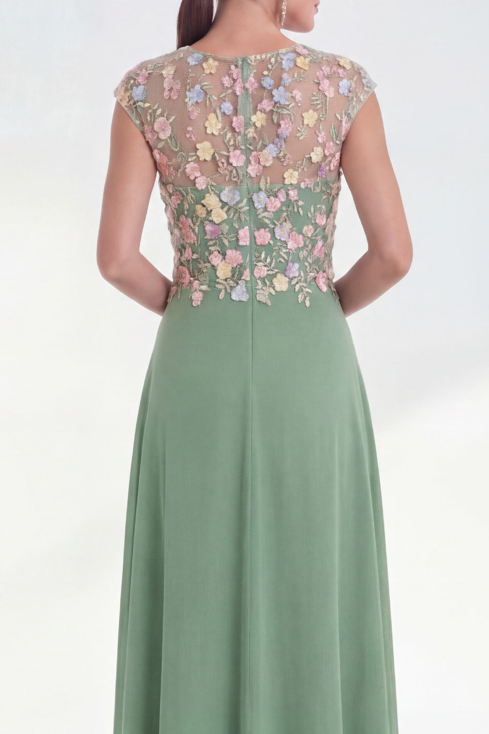 Green Floral A-Line Round Neck Appliqued Long Mother of the Bride Dress with Cap Sleeves
