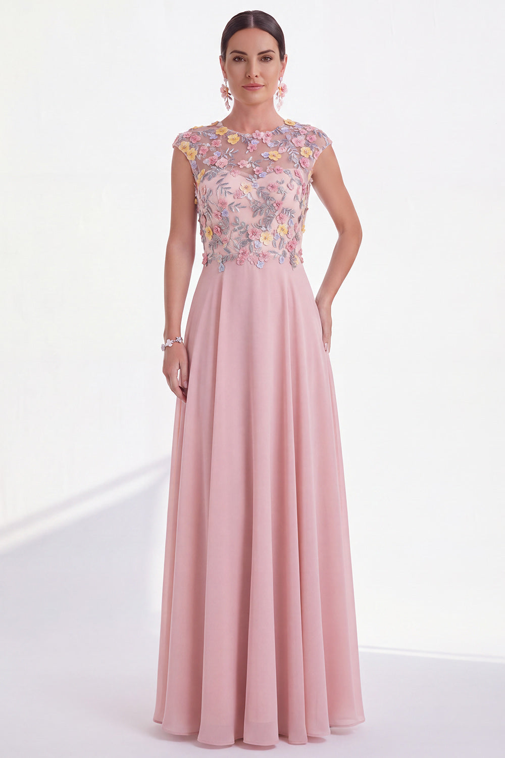 Green Floral A-Line Round Neck Appliqued Long Mother of the Bride Dress with Cap Sleeves