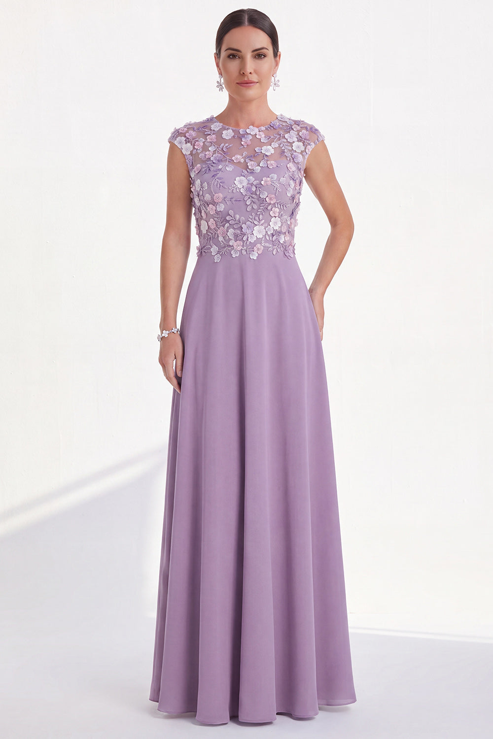 Green Floral A-Line Round Neck Appliqued Long Mother of the Bride Dress with Cap Sleeves