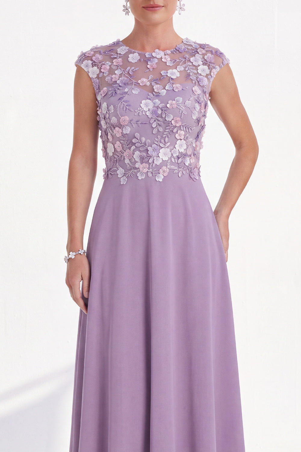 Green Floral A-Line Round Neck Appliqued Long Mother of the Bride Dress with Cap Sleeves