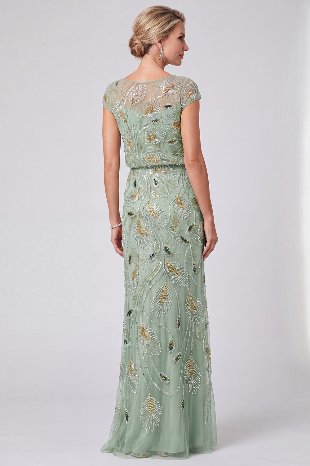Green Floral Mermaid Sequins Round Neck Long Mother of the Bride Dress with Cap Sleeves