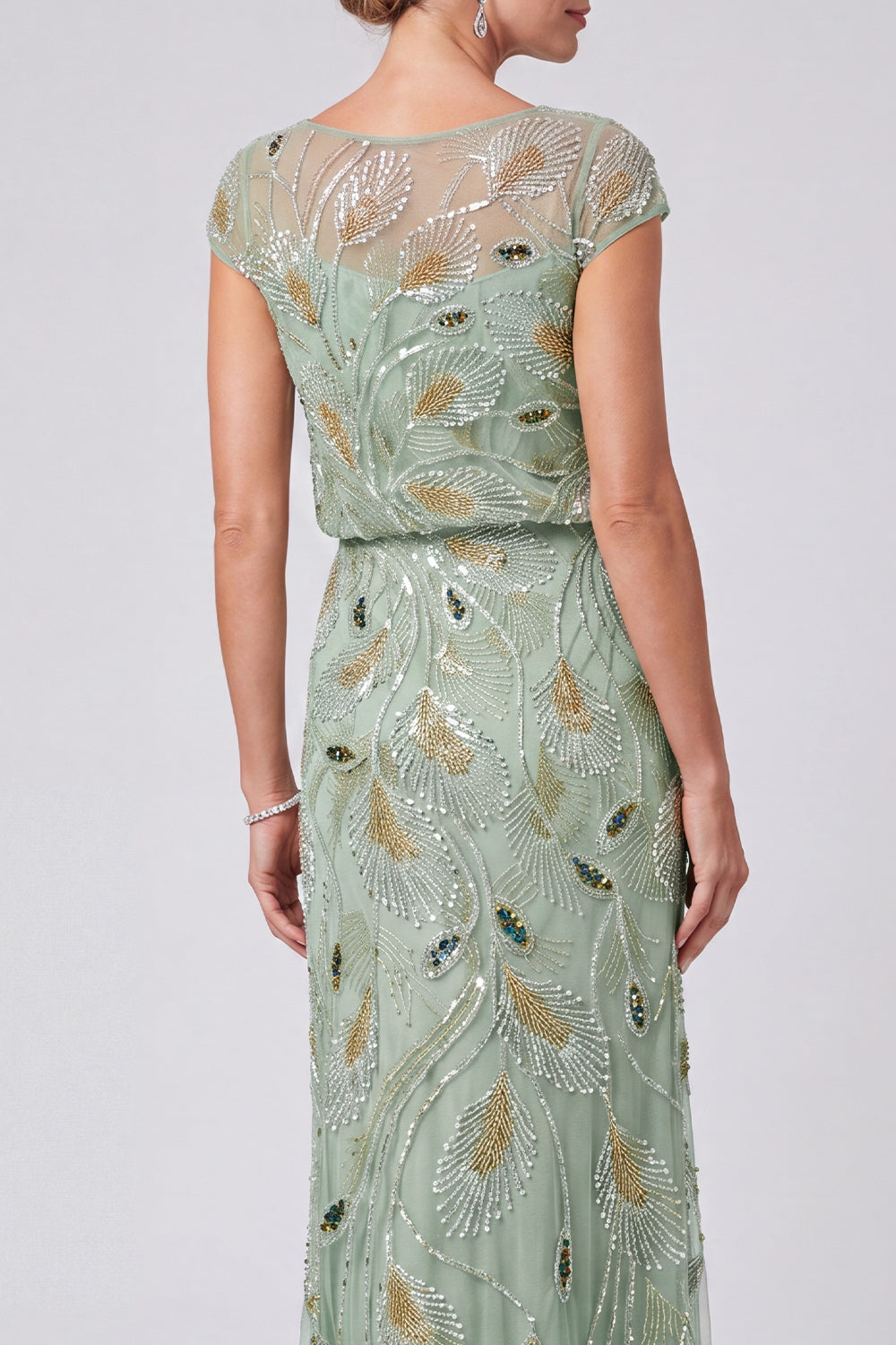 Green Floral Mermaid Sequins Round Neck Long Mother of the Bride Dress with Cap Sleeves