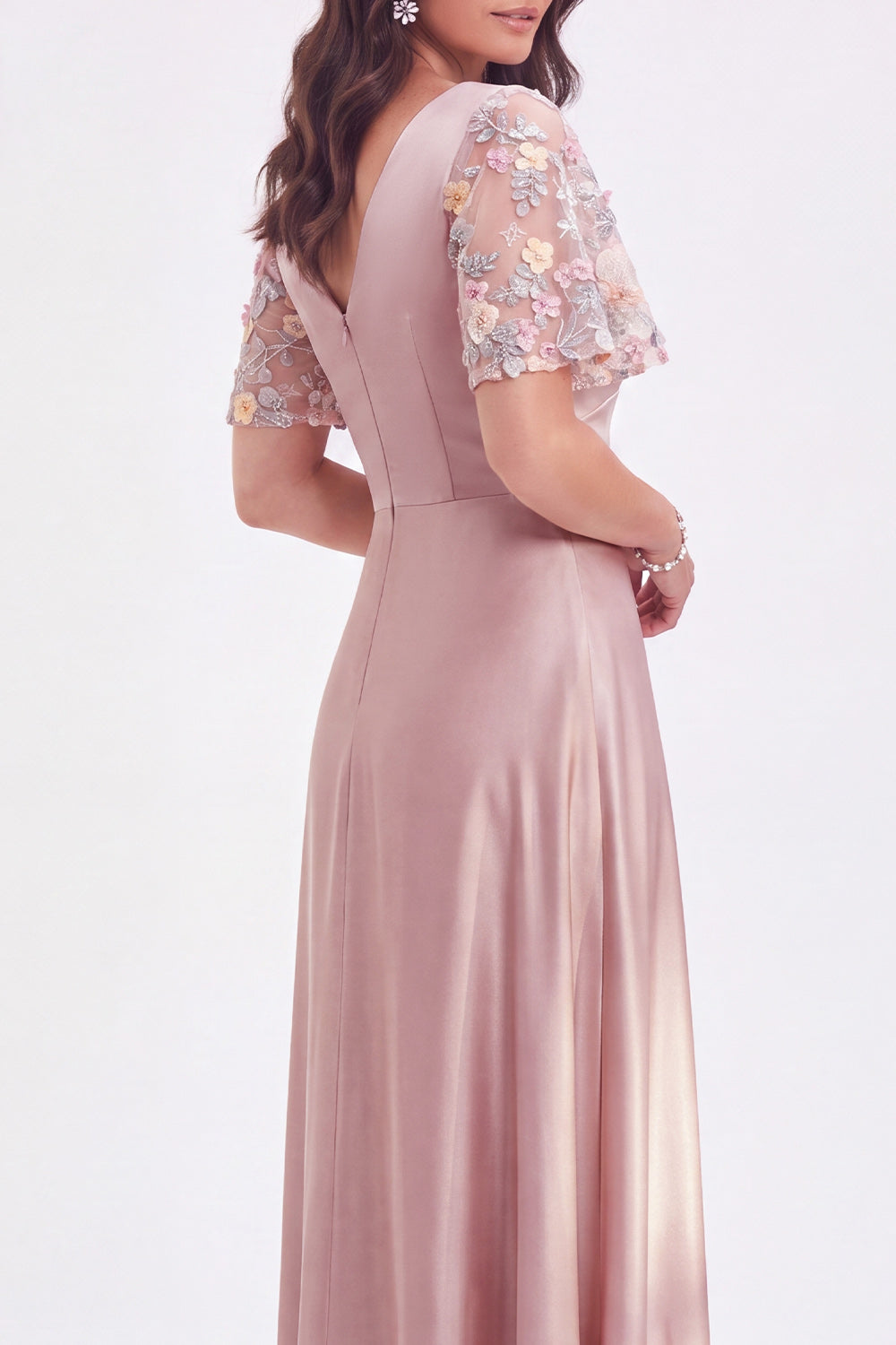 Grey Pink Satin V-Neck A-Line Floral Long Mother of the Bride Dress with Short Sleeves