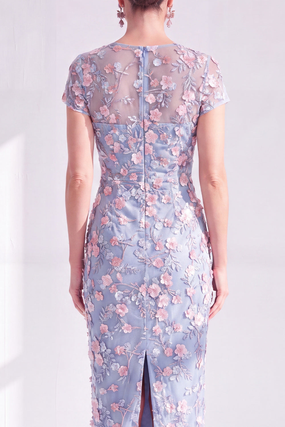 Blue Floral Bodycon Round Neck Appliqued Midi Mother of the Bride Dress with Slit