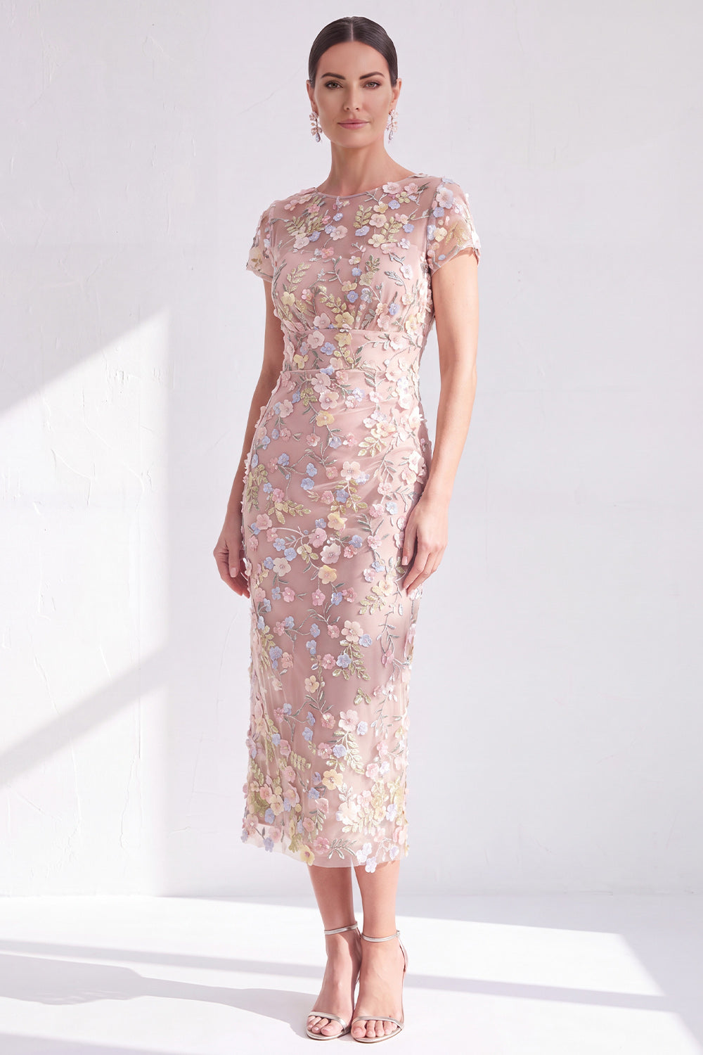 Blue Floral Bodycon Round Neck Appliqued Midi Mother of the Bride Dress with Slit