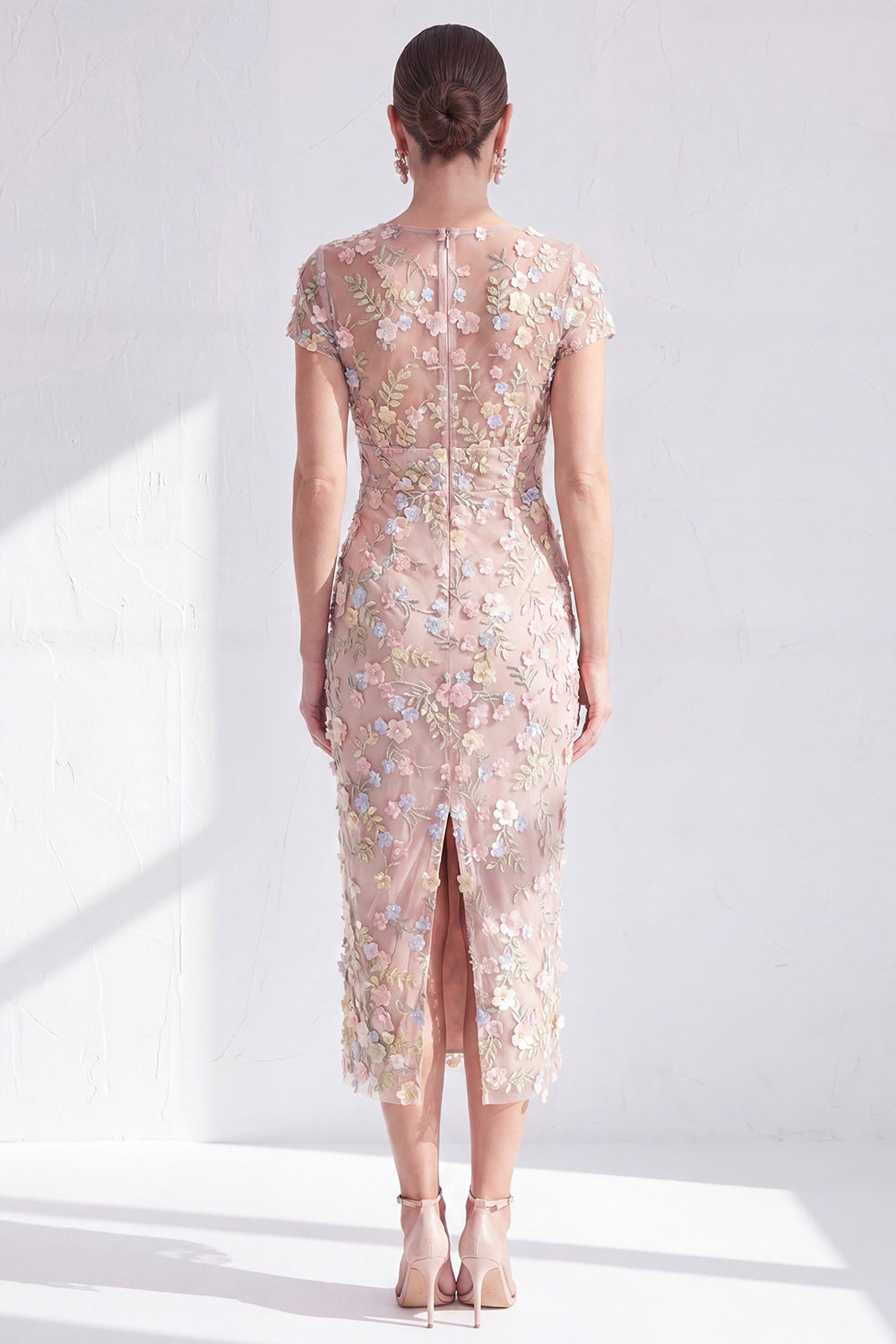 Blue Floral Bodycon Round Neck Appliqued Midi Mother of the Bride Dress with Slit