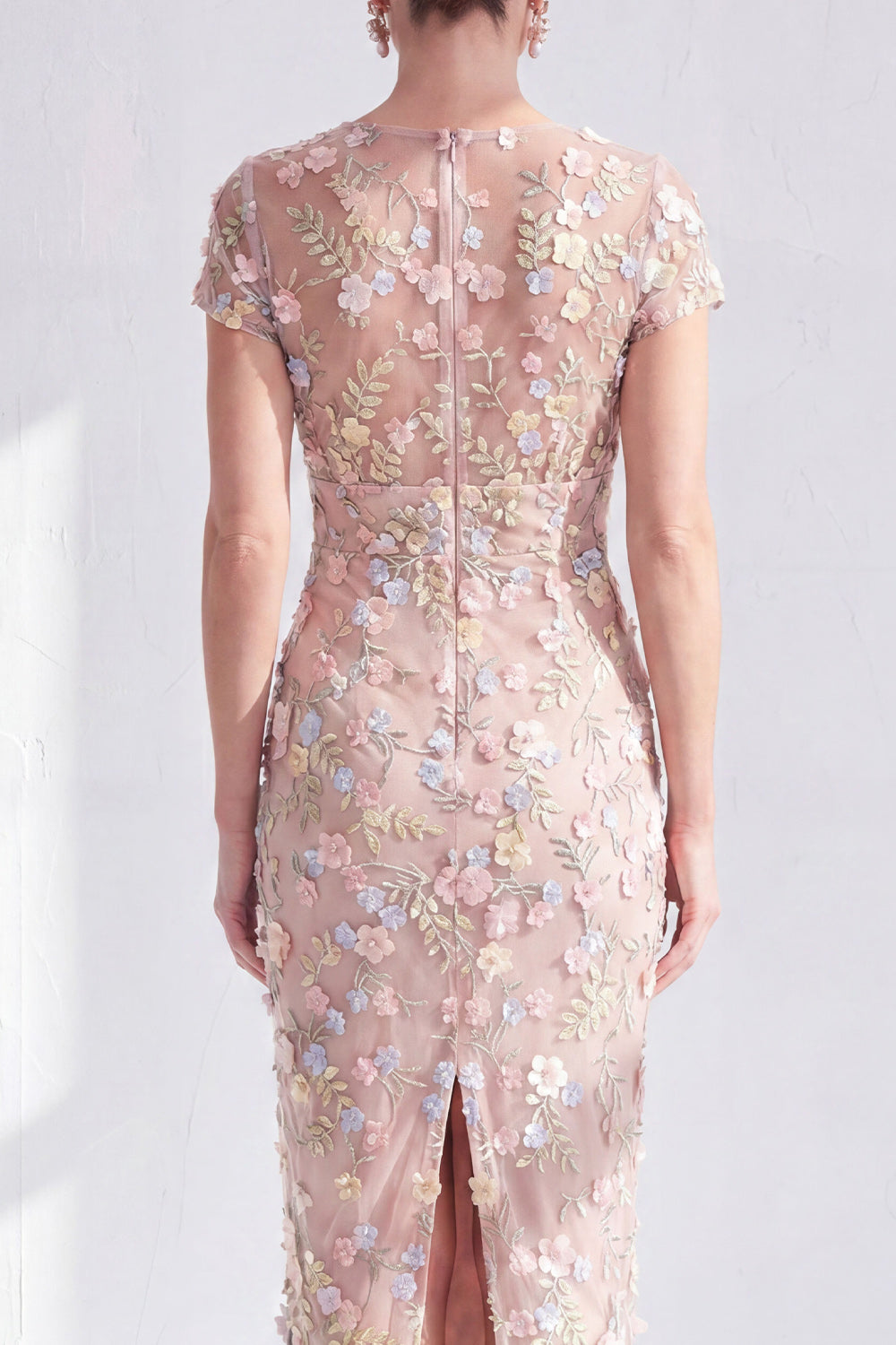 Blue Floral Bodycon Round Neck Appliqued Midi Mother of the Bride Dress with Slit