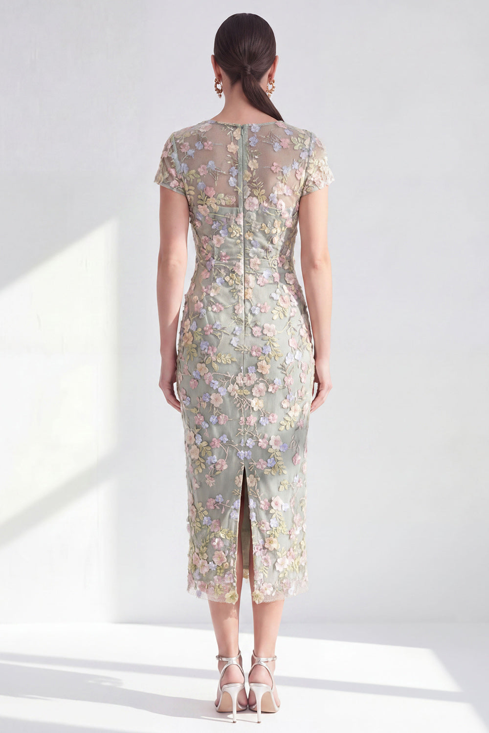 Blue Floral Bodycon Round Neck Appliqued Midi Mother of the Bride Dress with Slit