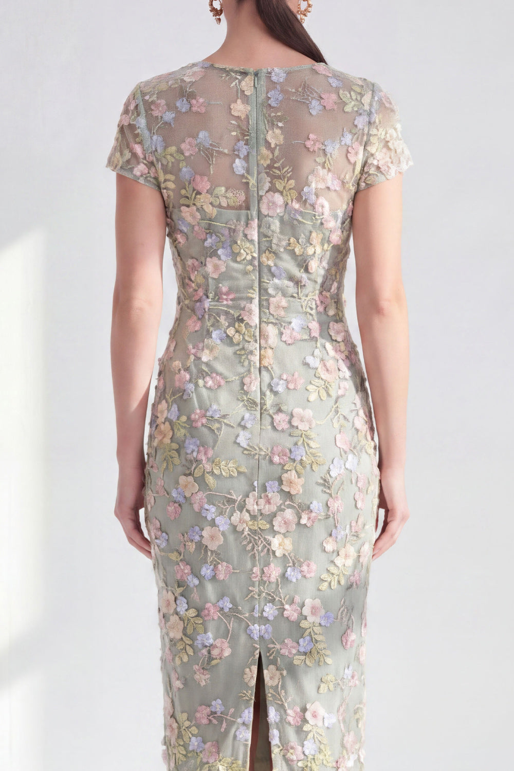 Blue Floral Bodycon Round Neck Appliqued Midi Mother of the Bride Dress with Slit