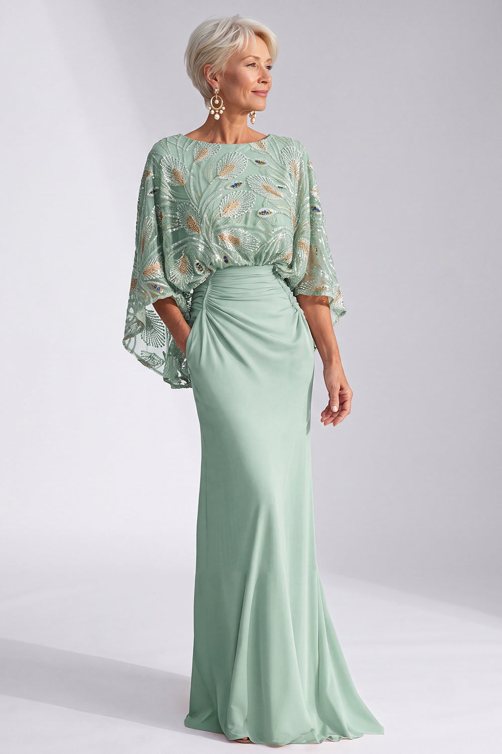 Green Mermaid Bateau Neck Sequin Floral Long Mother of the Bride Dress with Flare Sleeves
