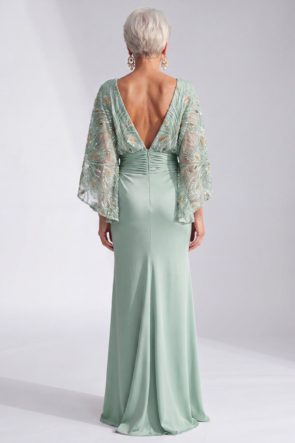 Green Mermaid Bateau Neck Sequin Floral Long Mother of the Bride Dress with Flare Sleeves