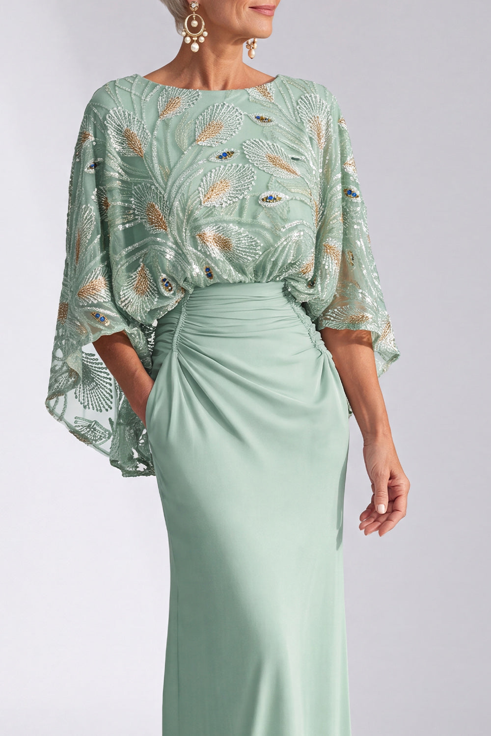 Green Mermaid Bateau Neck Sequin Floral Long Mother of the Bride Dress with Flare Sleeves