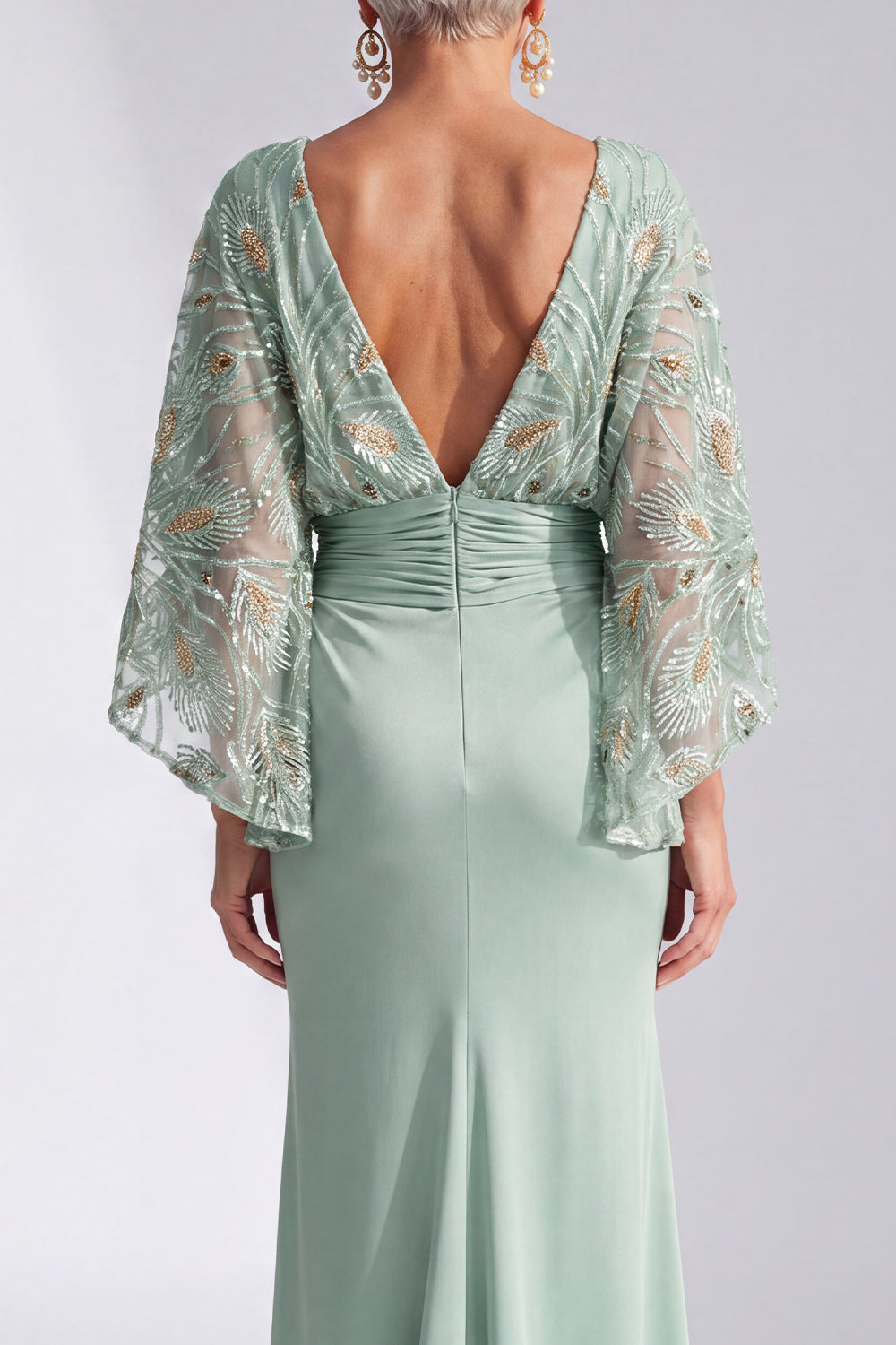 Green Mermaid Bateau Neck Sequin Floral Long Mother of the Bride Dress with Flare Sleeves