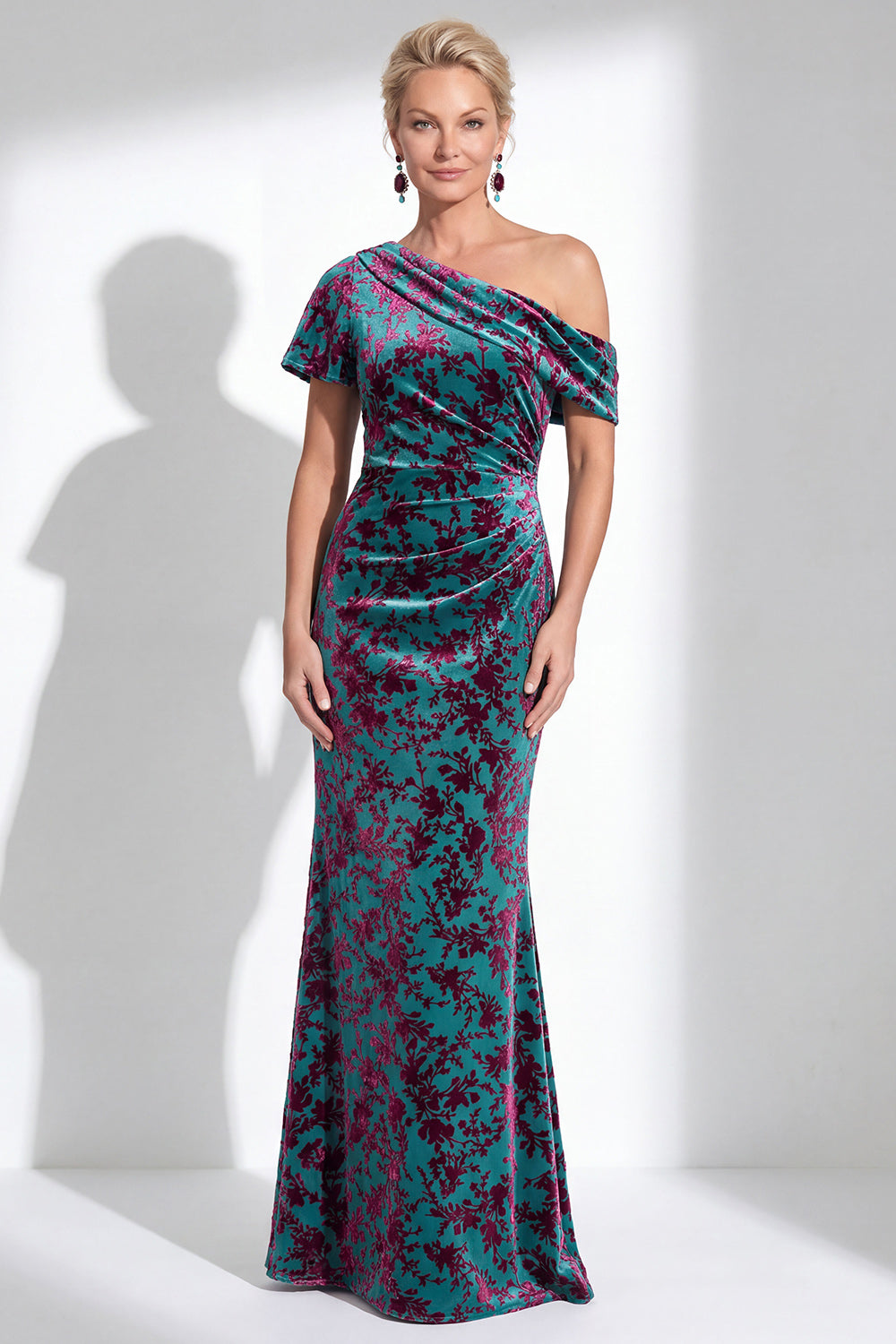 One Shoulder Fuchsia Mermaid Velvet Floral Long Mother of the Bride Dress