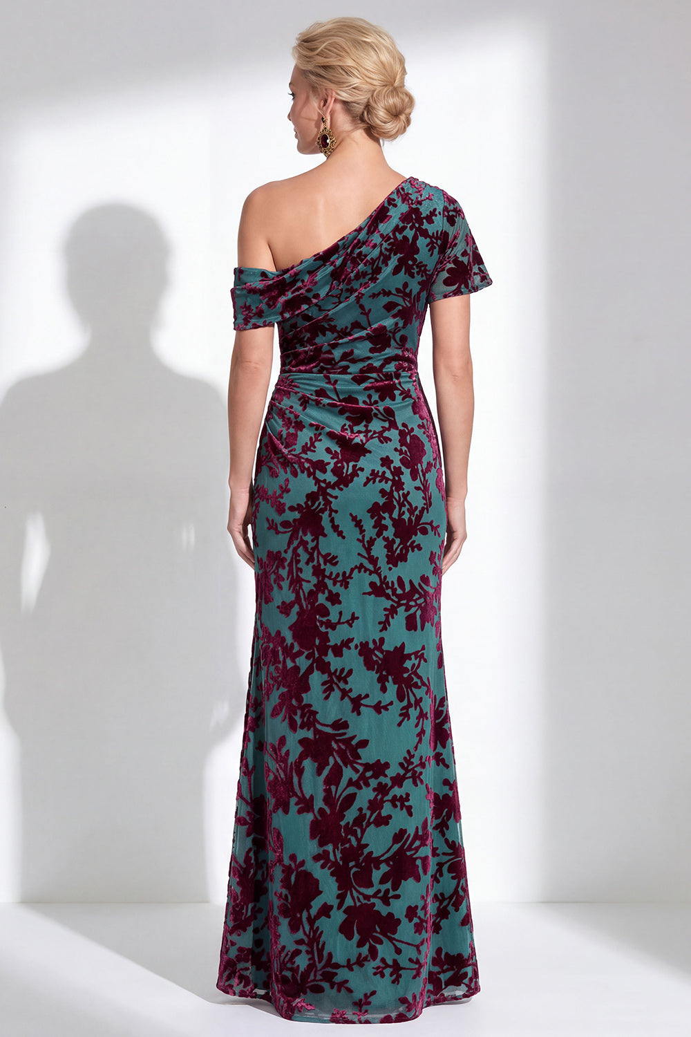 One Shoulder Fuchsia Mermaid Velvet Floral Long Mother of the Bride Dress
