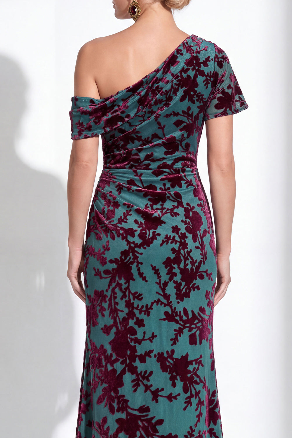 One Shoulder Fuchsia Mermaid Velvet Floral Long Mother of the Bride Dress
