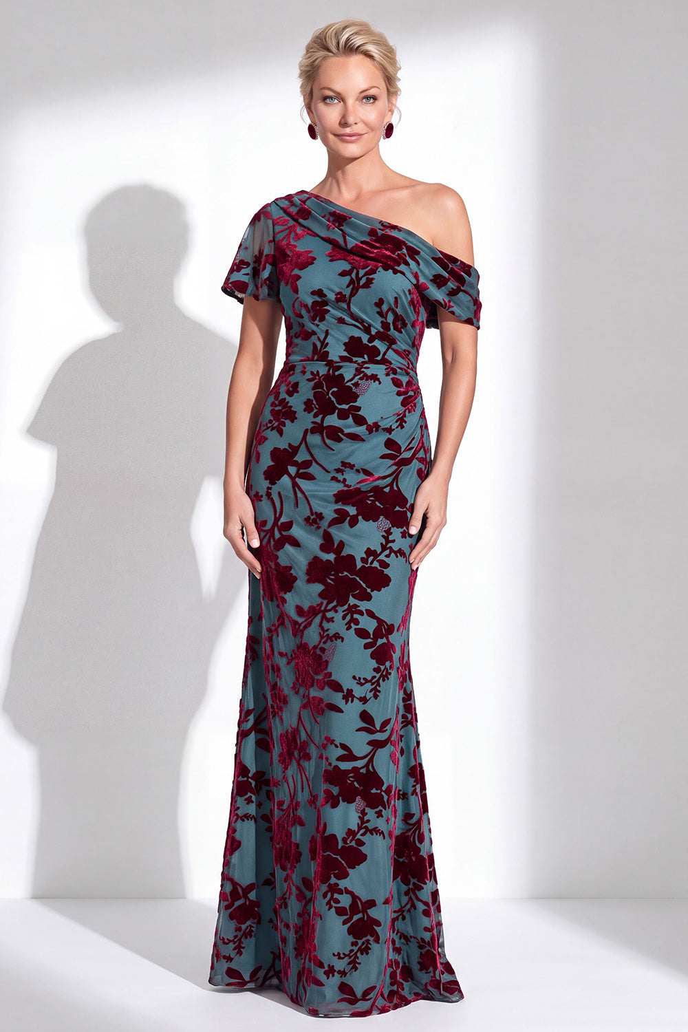 One Shoulder Fuchsia Mermaid Velvet Floral Long Mother of the Bride Dress